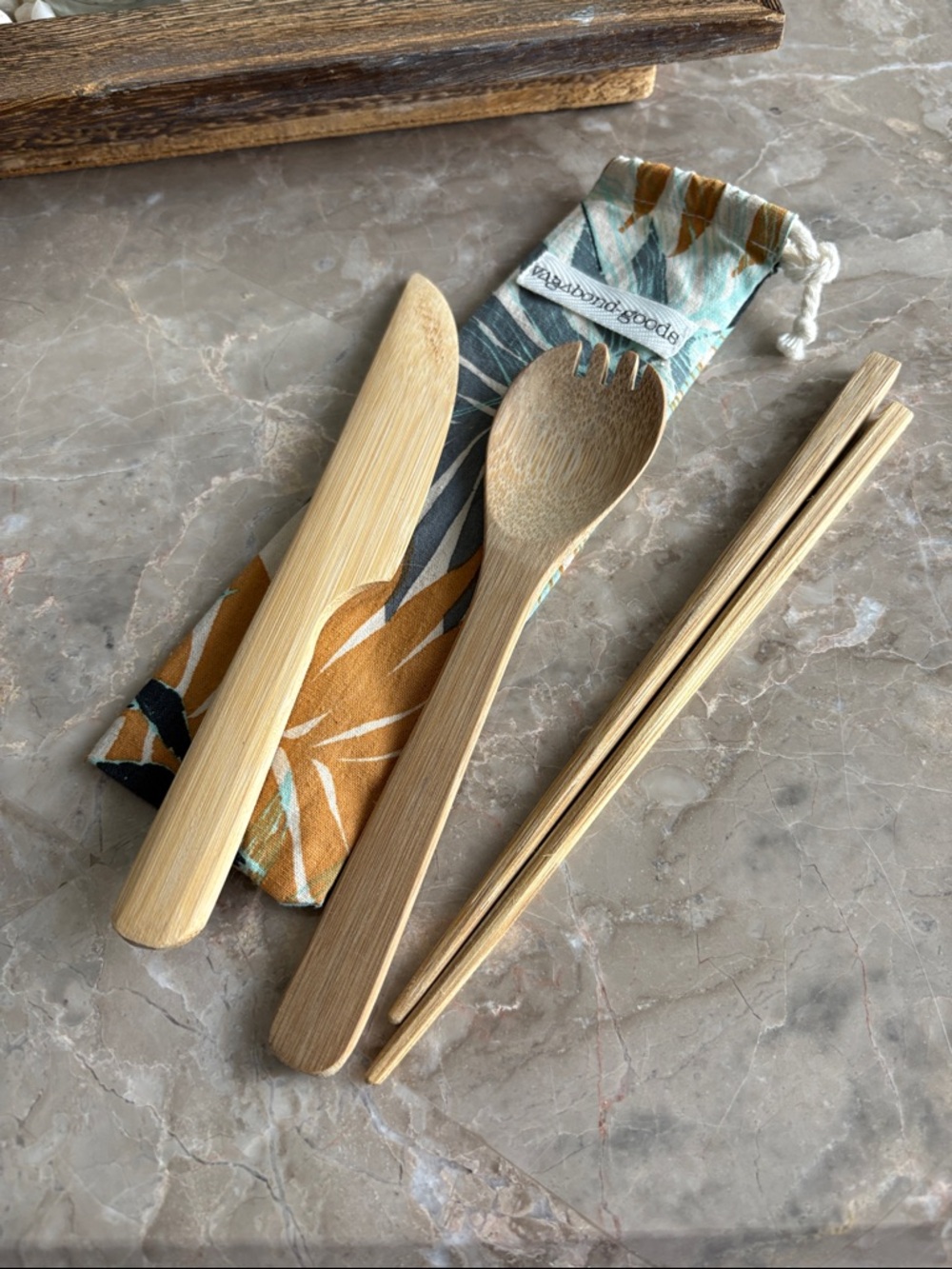 Vagabond Bamboo Travel Utensil Set with Patterned Pouch - Tan & Teal